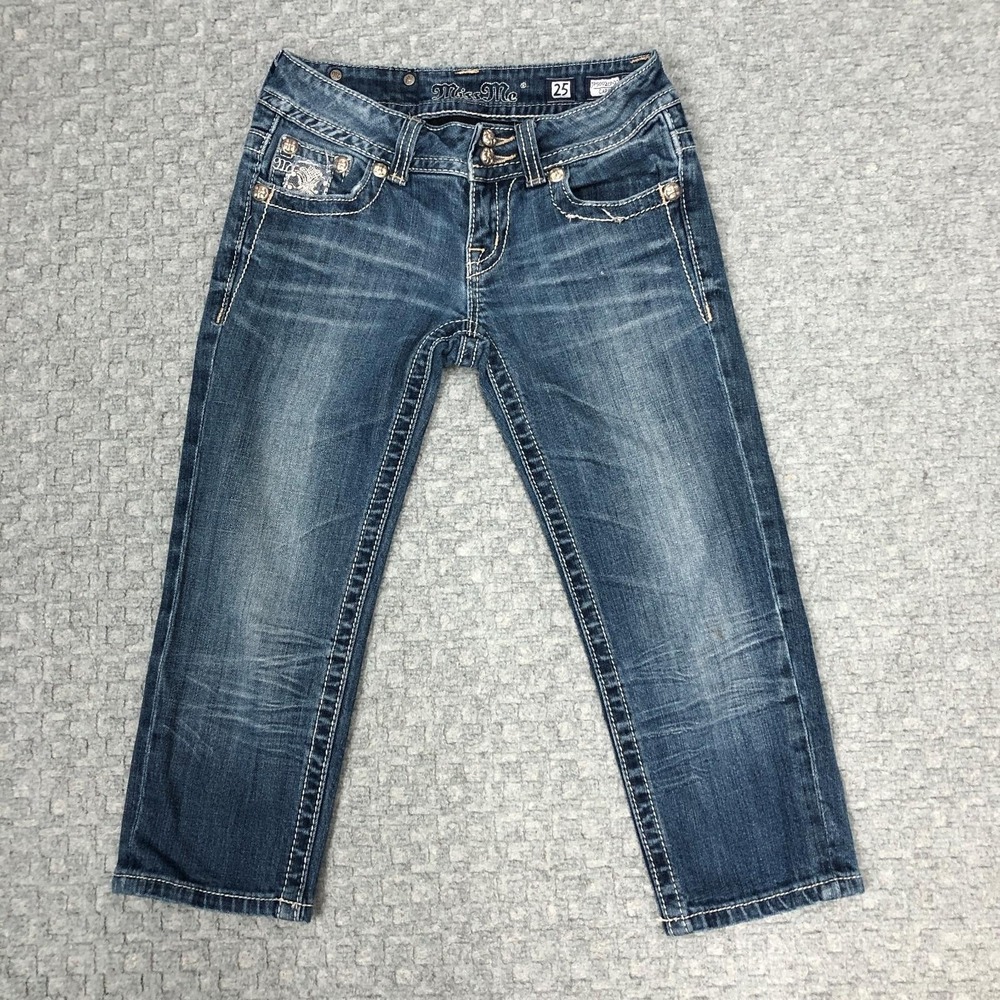 Miss Me Capri Jeans Womens 25 Blue Stretch Embellished Flap Pockets Casual Norm